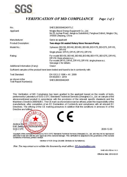 Китай Ningbo Baosi Energy Equipment Co., Ltd. Сертификаты